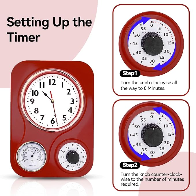 Lily's Home -9.5 Inch x 12.5 Inch -Retro Kitchen Wall Clock, Vintage Wall Clock with a Thermometer and 60-Minute Timer, Ideal for Any Kitchen, Office, or Diner (Retro Red)