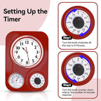Lily's Home -9.5 Inch x 12.5 Inch -Retro Kitchen Wall Clock, Vintage Wall Clock with a Thermometer and 60-Minute Timer, Ideal for Any Kitchen, Office, or Diner (Retro Red)