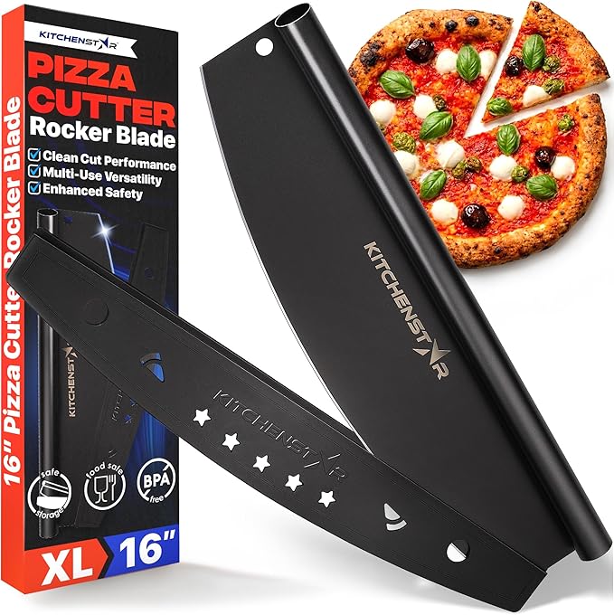 KitchenStar 16-Inch Pizza Cutter Rocker Blade - Sharp Stainless Steel Slicer Knife, Protective Cover, Black, Large - Professional Pizza Oven Accessories