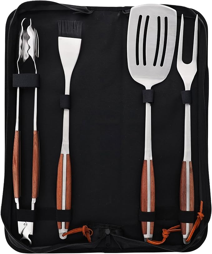 Grilla BBQ Set with 4 Stainless Steel Utensils, Wood Handles, and Carry Case for BBQ, Competition BBQ, Cooking, Grilling