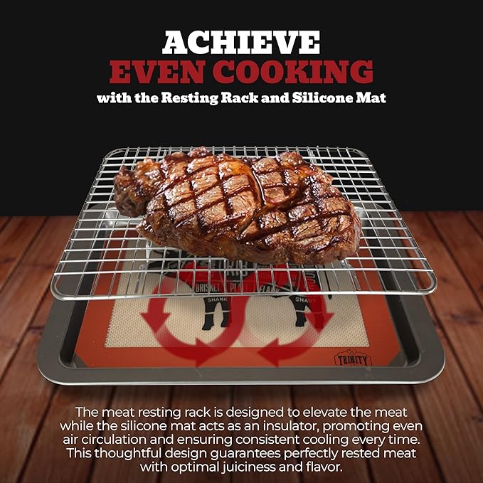 Trinity Provisions Meat Resting Pan - With Wire Rack and Silicone Baking Mat - Dishwasher and Oven Safe Stainless Steel, for Cooking and Cooling Steak, BBQ, Bacon, & More