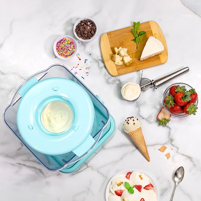 Nostalgia Electric Ice Cream Maker with 2-Qt Double Insulated Gel Canister & Stainless Steel Base - Makes Sorbet, Soft Serve, and Frozen Yogurt - Aqua