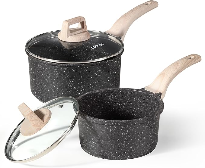 CAROTE 1.5Qt & 3.0Qt Sauce Pan Sets with Lid Cooking Pots Nonstick Saucepans Cookware Set with Pour Spout Small Kitchen Pot, Induction Comptable, Easy to Clean, PFOA FREE (Classic Granite)