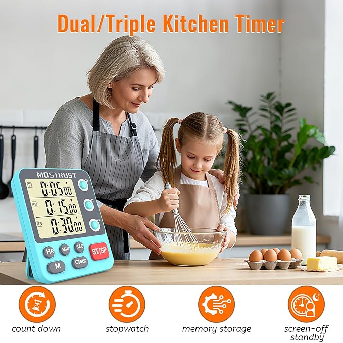 Digital Dual Kitchen Timer, 3 Channels Countdown Triple Timer for Cooking, Magnetic Memory-Preset Large-Display Adjustable Alarm Volume, Multi Times Management, 3A Battery Included, Blue