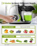 Jocuu Slow Masticating Juicer Machines with Soft Hard Modes Easy to Clean Quiet Motor & Reverse Function, Cold Press Juicer for Fruit & Vegetable, 90% Juice Yield, with Brush & Recipes (Grey)