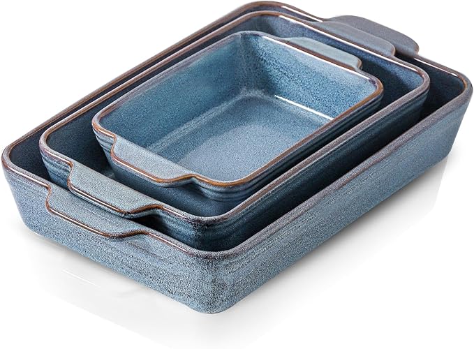 HVH 9x13 Baking Dish Set, Large Casserole Dishes for Oven, Ceramic Bakeware Set of 3, Rectangular Lasagne Pan Deep for Baking (Wabi sabi)