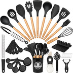 Astercook 39 PCS Kitchen Utensils Set, Silicone Cooking Utensil Sets with Wooden Handle, 446°F Heat Resistant Food Grade Spatula Set, BPA Free Kitchen Gadgets Tools Set & Spoons for Nonstick Cookware