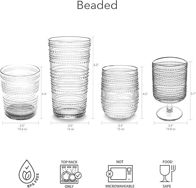 Beaded 15.6 oz Durable Acrylic Double Old Fashioned Drinking Glasses, Shatter-Resistant and Dishwasher-Safe Indoor/Outdoor - Cobalt Blue - Set of 6