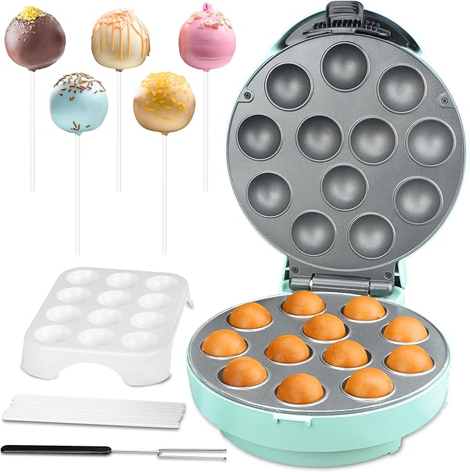 Baker's Friend Cake Pop Maker Machine Set with Cake Pop Stand, Sticks & Fork Tool, 12 Cake Pops Capacity, Aquamarine