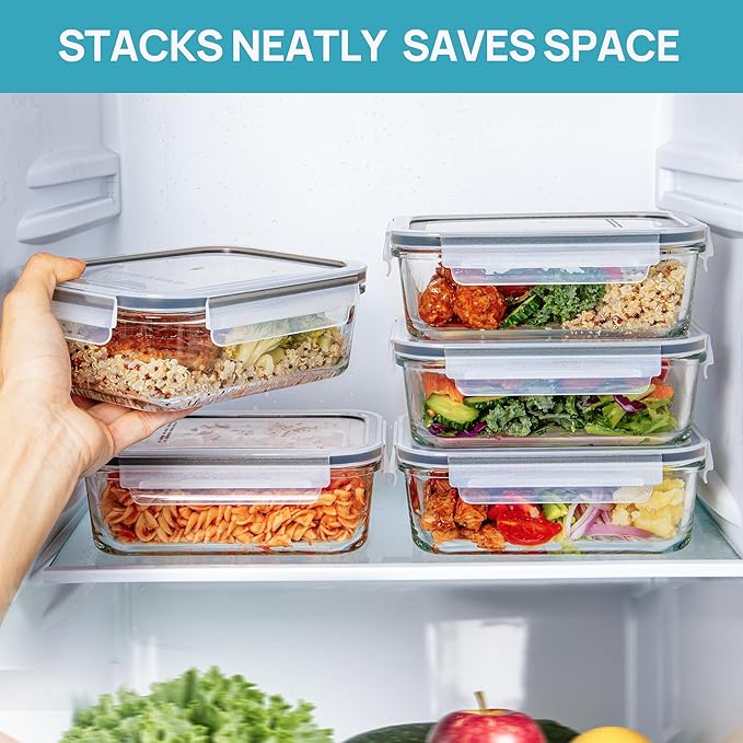 Vtopmart 5Pack 30oz Glass Storage Containers with Lids, Glass Meal Prep Food Container Sets with Snap Airtight Lids for Microwave, Oven, Freezer and Dishwasher, Grey
