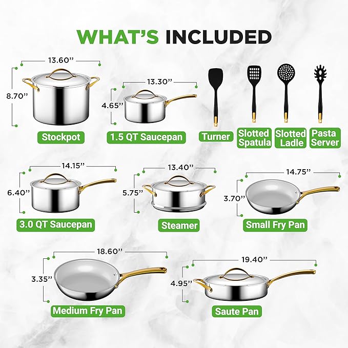 NutriChef 16-Piece Stainless Steel Kitchenware - Pots & Pans Set Clad Kitchen Cookware with Nylon Utensils, Fry Pan Interior Coated with Prestige Ceramic Non-Stick Coating, Stylish Kitchen Cookware