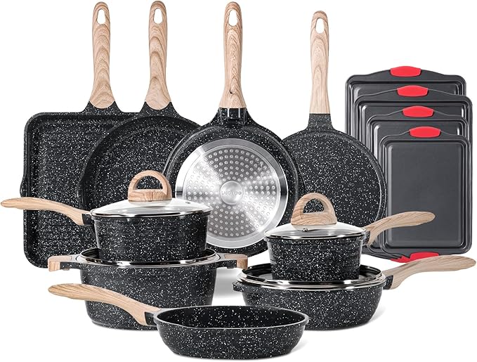 JEETEE 36Pcs Pots and Pans Set Non Stick, Cookware Set Non toxic Kitchen Healthy Induction Cooking Set W/Griddle, Sauté Pan, Baking Trays & Pancake Rake (PFOA, PFAS Free)