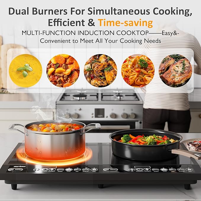 Sunvivi Portable Induction Cooktop: 2 Burners in 1, Commercial-Grade Electric Countertop Stove with LED Touchscreen, 8 Power Levels & Precise Temp Control (176°F-518°F), Independent Timer, Black
