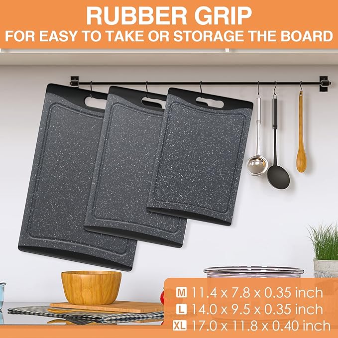 Extra Large Cutting Boards, Plastic Cutting Boards for Kitchen (Set of 3) Cutting Board Set Dishwasher Chopping Board with Juice Grooves Easy-Grip Handles, Dark Grey, Empune
