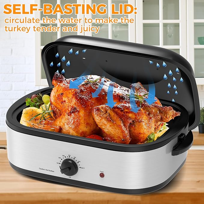 14 Quart Roaster Oven with Self-Basting Lid, Turkey Defrost & Warm Function, Turkey Roasting Pan with Removable Roasting Rack, Adjustable Temperature for Use as a Slow Cooker, Stainless Steel, Silver