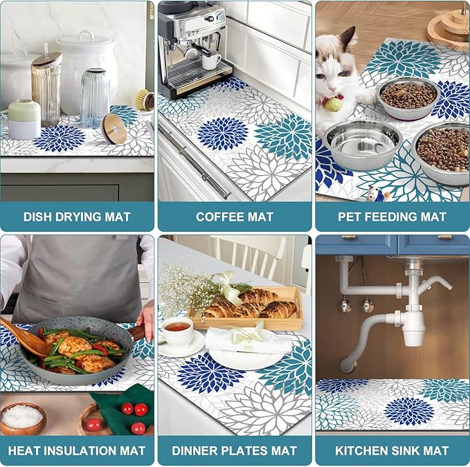 Findosom 2PCS 17" x 32" Dish Drying Mat & 24" x 5.5" Sink Splash Guard, Super Absorbent & Cuttable Dish Mat Drying Kitchen Mat with Blue Floral, Hide Stain Drying Mat for Kitchen Counter
