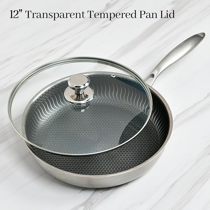 12 In Glass Lid for Frying Pan, Tempered Replacement Cover Compatible with All 12 inches Cookware for Skillets, Round Cast Iron, Cast Aluminium, Stainless Steel Pans &Pots
