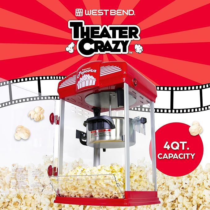 West Bend Stir Crazy Movie Theater Popcorn Popper, Gourmet Popcorn Maker Machine with Nonstick Popcorn Kettle, Measuring Tool and Popcorn Scoop for Popcorn Machine, 4-Qt., Red