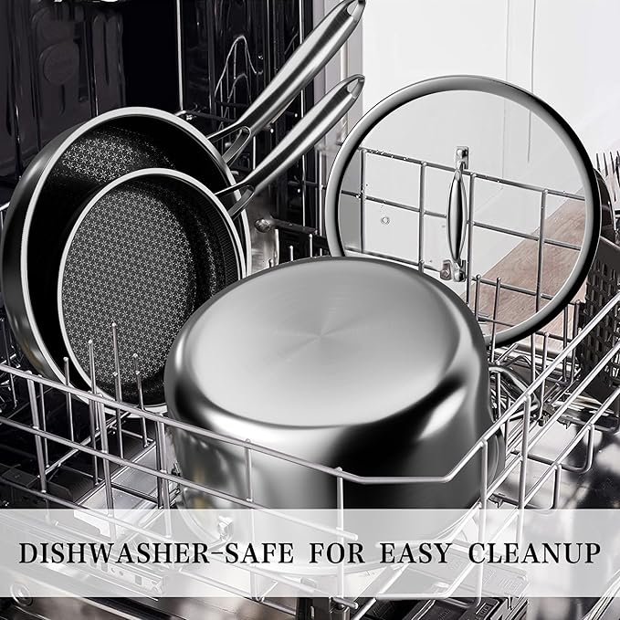 VONIKI Hybrid Tri-ply Stainless Steel Cookware Set, Pots And Pans Set Non Stick with Steamer Basket, Non Toxic Induction Cookware, Kitchen Cookware Sets PFOA & PTFE Free, Dishwasher and Oven Safe