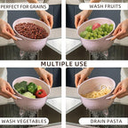 Metal Colander 5 Quart Powder Coated Self-draining Metal Strainer with Base,Kitchen Pasta Fruit Vegetable Basket with Double Handles (Pink)