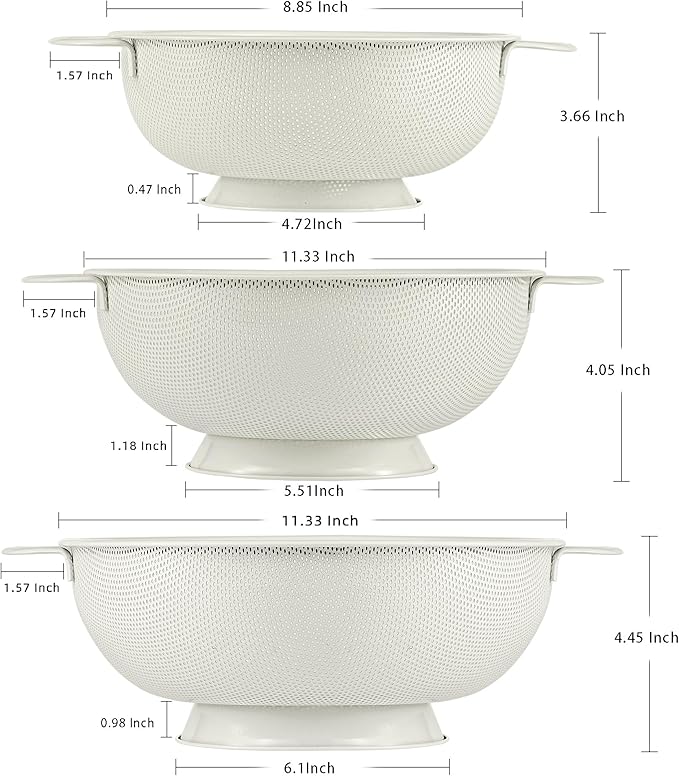 Stainless Steel Colander 3 Piece,Metal Strainer Basket with Solid Base and Handles for Kitchen Food,Pasta, Noodles, Vegetables and Fruits,Powder Coated,BPA Free,Dishwasher Safe,2 & 3 & 4.5 Qt (Cream)