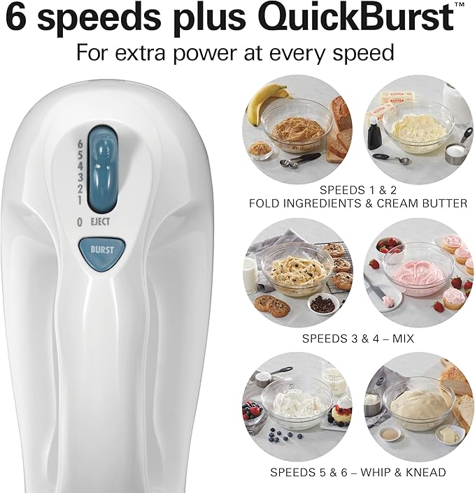 Hamilton Beach 6-Speed Electric Hand Mixer with Whisk, Traditional Beaters, Snap-On Storage Case, 250 Watts, White