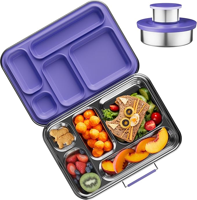 AOHEA Stainless Steel Bento Box Kids, Kids Metal Bento Lunch Box BPA Free Lunch Box Containers 304 Stainless Steel Bento Box for School and Office(Purple)
