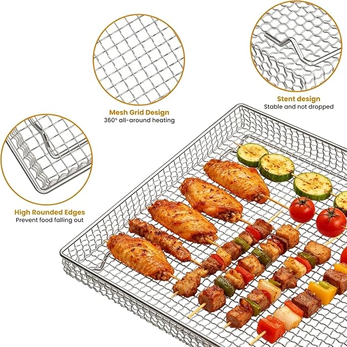 Air Fryer Basket Tray Replacement with Cuisinart TOA-60 TOA-65 TOA-70 air fryer toaster oven, 12.4 * 11''Steel Basket and Wire Rack Mesh Basket Accessories Parts, Dishwasher Safe