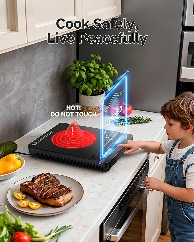Portable Induction Cooktop 20 Temperature & Power Levels,1800W Single Burner Electric Cooktop with 6.8 inch Heating Coil,Low Noise Hot Plate with Timer