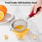 U-Taste Small Fine Mesh Strainer: 18/8 Stainless Steel 3.35in 30 Mesh Kitchen Food Sieve with Sturdy Riveted Silicone Handle, Heavy Duty Deep Handheld Metal Colander for Tea, Juice (Red)