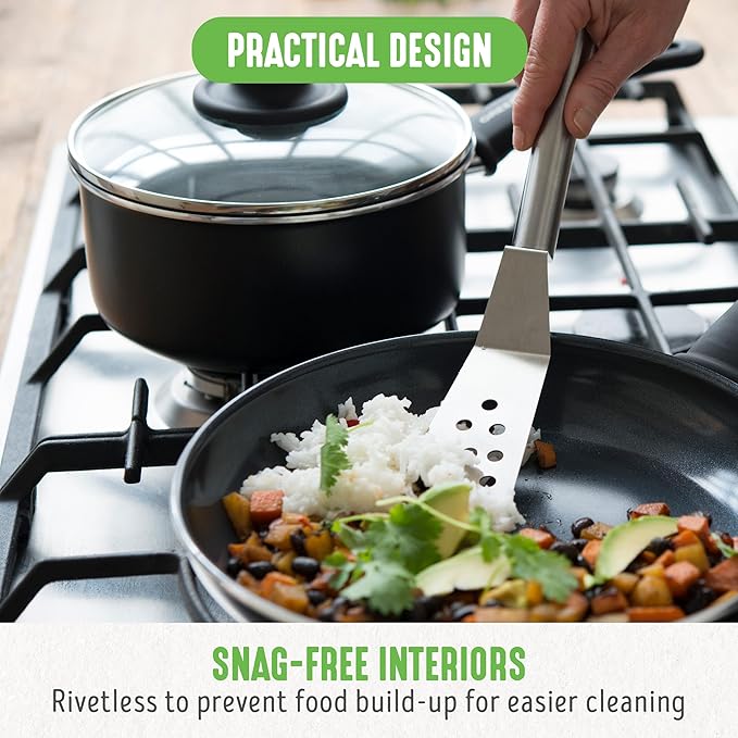 GreenLife 16 Piece Nonstick Cookware Set, Soft Grip Non-Toxic PFAS-Free Ceramic Pots & Pans, Dishwasher & Oven Safe, Frying, Sauce, Saute, Utensils, Glass Lids, Stay-Cool Handles, Wobble Free, Black