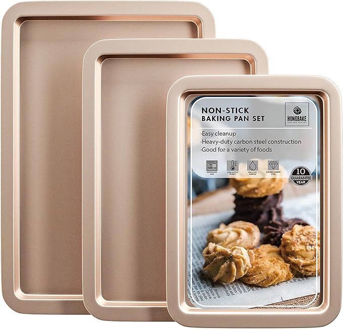 HONGBAKE Cookie Sheets, Baking Sheet Set, Nonstick Oven Pan with Wider Grips, 3 Pack Half/Jelly Roll/Quarter Baking Tray, Premium & Dishwasher Safe