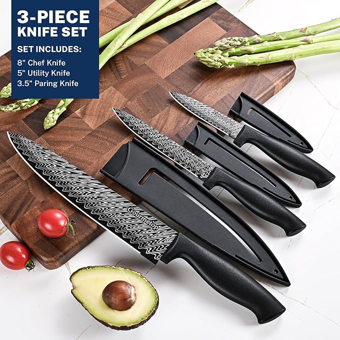 Gourmetop Kitchen Knife Set with Cover 3 Pcs, Black Chef Knife Set for Cooking, Sharp Kitchen Knives with Sheath, 8'' Chef Knife, 5'' Utility, 3.5'' Paring, Damascus Pattern Kitchen Knife for Cutting