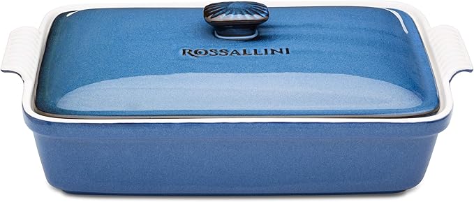 ROSSALLINI Stoneware Casserole Dish Bakeware Set with Lid, Covered Rectangular Dinnerware, Large 3.2 Quart, 11 by 9 Inch, Blu Indaco [Reactive Blue]