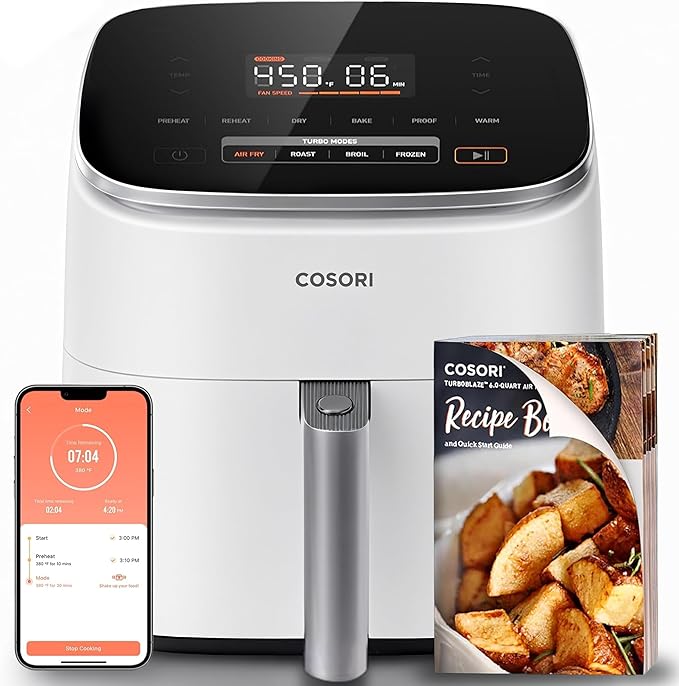 Cosori 9-in-1 TurboBlaze Air Fryer 6 Qt, Smart Control, 90°–450°F, Shake Reminders, Precise Heating for Even Results, Air Fry, Roast, Bake, Broil, Dry, Frozen, Proof, Reheat, Keep Warm, 120V, Cream