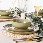 AmorArc Ceramic Dinnerware Sets for 4, 12 Pieces Handpainted Plates and Bowls Set with Rustic Terracotta Underside, Scratch Resistant Stoneware Dishes Set, Dishwasher & Microwave Safe, Olive Green