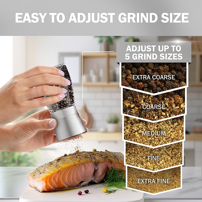 Home EC Original Stainless Steel Sea Salt and Pepper Grinder Set of 4 - Adjustable Ceramic - Glass Salt and Pepper Shakers Mills - Modern Kitchen Spice Mill W/Funnel & EBook