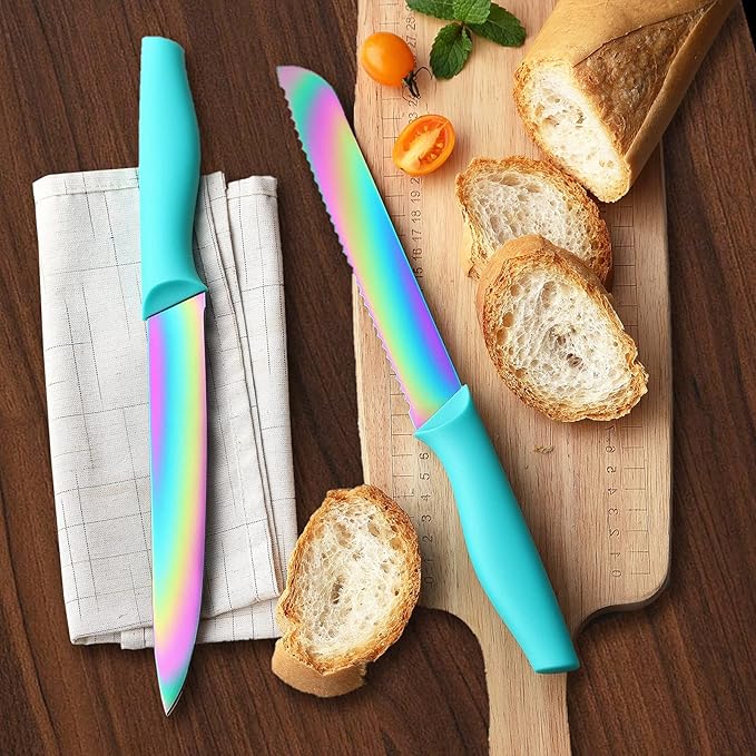Marco Almond Knife Block Set, Knife Set Rainbow Color, 14 Piece Stainless Steel Kitchen Knife Sets with Block, KYA27 Chef Cooking Steak Knives Set for Kitchen