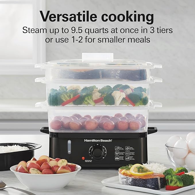 Hamilton Beach Electric Food Steamer, Rice Cooker & Egg Boiler for Quick, Fast Healthy Cooking with Stackable Three-Tier Bowls for Vegetables and Seafood, 9.5 Quarts, Auto Shutoff, Black (37430)
