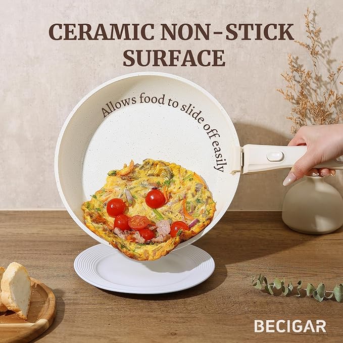 BECIGAR 8pcs Ceramic Pots and Pans Set, Non Stick Cookware Set, Detachable Handle Cookware, Induction Kitchen Cooking Set with Removable Handle,Oven Safe, Induction Fast, Stackable Cookware Set