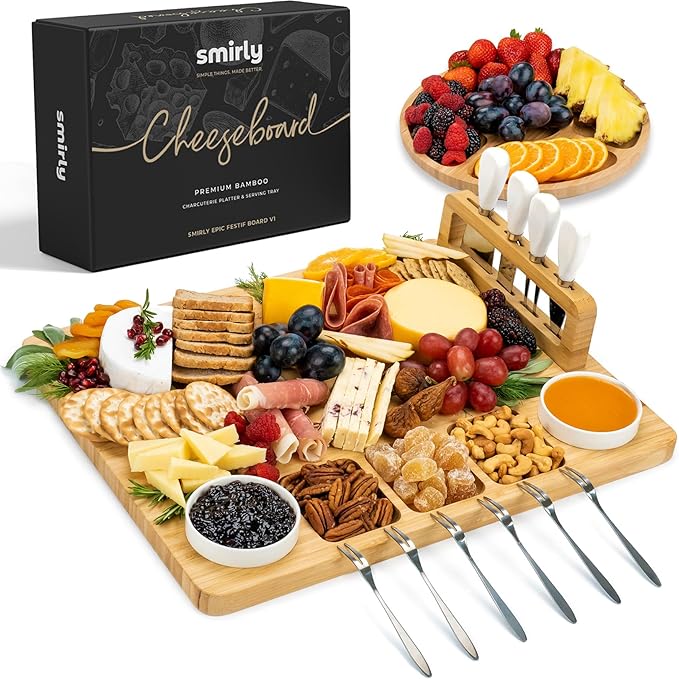 SMIRLY Charcuterie Boards Set, Large Cheese Board Set, Natural Bamboo Charcuterie Tray Cheese Platter with Accessories - Housewarming Gifts New Home, Wedding & Bridal Shower Gifts for Women, Couples