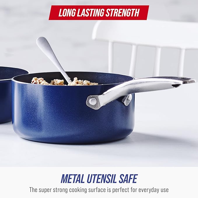 Blue Diamond Nonstick 2QT Saucepan with Lid, Non Toxic PFAS-Free Diamond Ceramic, Dishwasher & Oven Safe, Metal Utensil Safe Pot, Stay Cool Handle, Chef Pan, Glass Lid, Blue