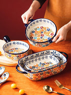 Colorful Cherry Blossom Flowers Vintage Style Ceramic Bakeware Dish Casserole Dish Baking Pan Lasagna Pans with Handles for Oven/Cooking/Kitchen, 1 PCS, 32 oz