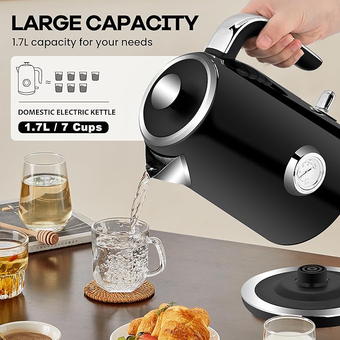 PUKOMC Electric Kettle, 1.7L Stainless Steel Tea Kettle with Temperature Gauge, 1500W Water Boiler with LED Light, BPA-Free, Auto Shut-Off and Boil-Dry Protection (Black)