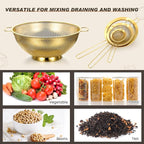Norme 7 Quart Stainless Steel Gold Colander and 3 Pcs Gold Fine Mesh Strainer, Stainless Steel Pasta Rice Food Metal Strainer with Handles, Easy Clean and Dishwasher Safe