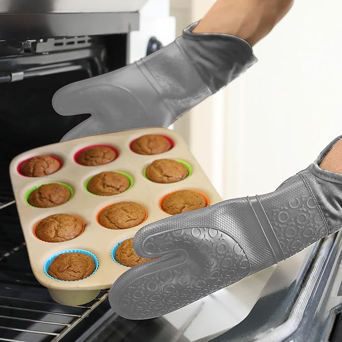 BPA-Free Soft Silicone Oven Mitts - Ultra Heat Resistant Oven Mitts with Thick Cotton Liner - Extra Long Slip Resistant Pot Holders, Flexible Oven Gloves - Gray 14.7"