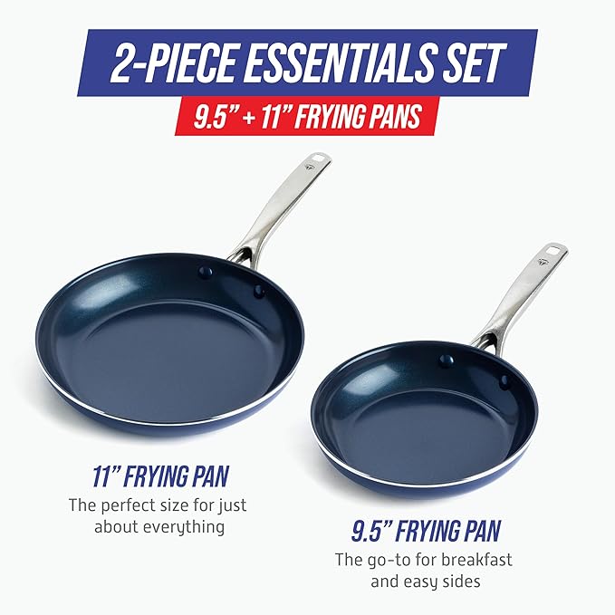 Blue Diamond 9.5” and 11" Frying Pan Skillet Set, Diamond Infused PFAS & PFOA-Free Ceramic Nonstick Pots & Pans, Durable Non Toxic Metal Utensil Safe & Scratch Resistant, Dishwasher & Oven Safe, Blue