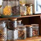 24 OZ Glass Storage Jar with Airtight Bamboo Wooden Lids, Vintage Food Containers Canisters Sets for Kitchen Counter Pantry, Sugar, Flour, Candy, Tea, Coffee Beans, Oats, Grain Bin, Pasta, Cereal