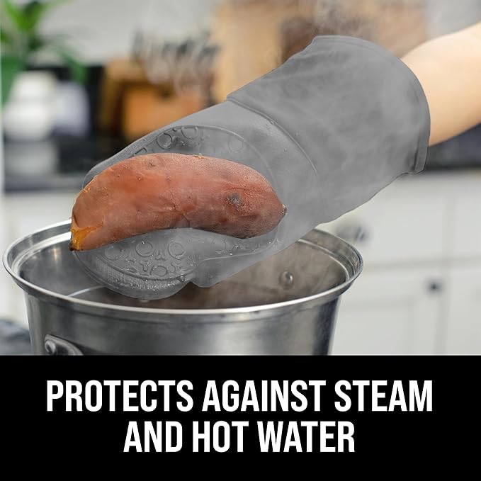 BPA-Free Soft Silicone Oven Mitts - Ultra Heat Resistant Oven Mitts with Thick Cotton Liner - Long Slip Resistant Pot Holders, Flexible Oven Gloves - Gray 13.7"