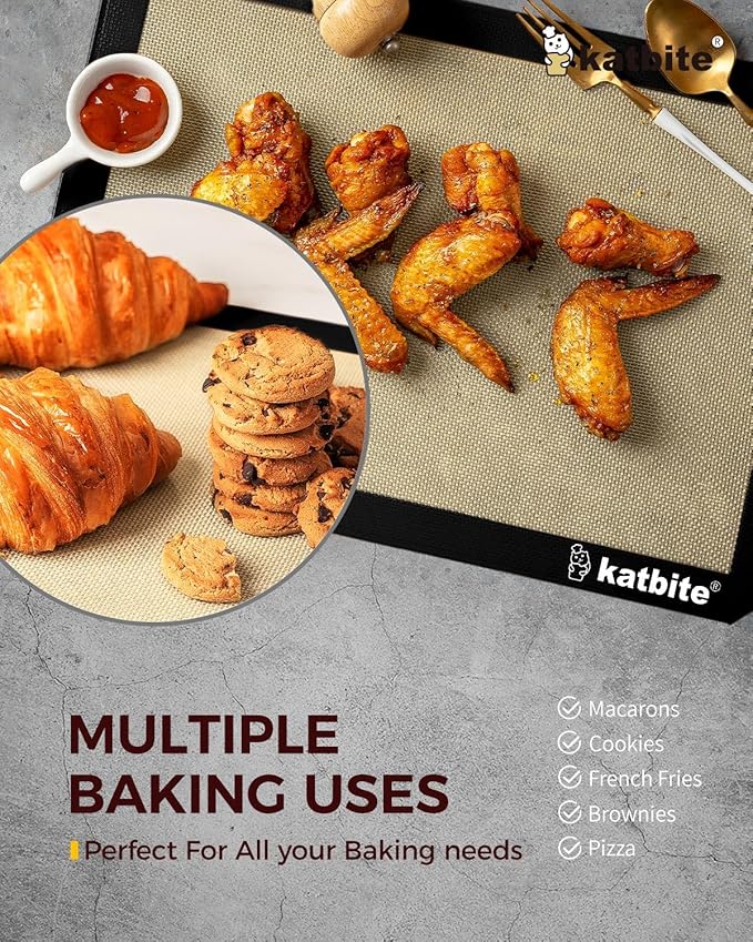 Katbite Silicone Baking Mat Colorful Collection - Set of 3: 2 Half Sheets Mats (11 5/8" x 16 1/2") + 1 Quarter Baking Sheet, Reusable & Nonstick Bakeware Mats for Cookies, Macarons, Bread (Black)